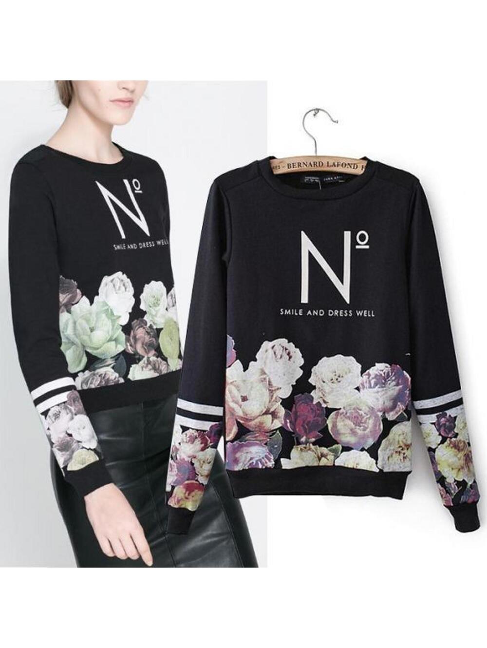 ZARA Graphic Floral Smile and Dress Well Pullover Sweater Pullover Top large
